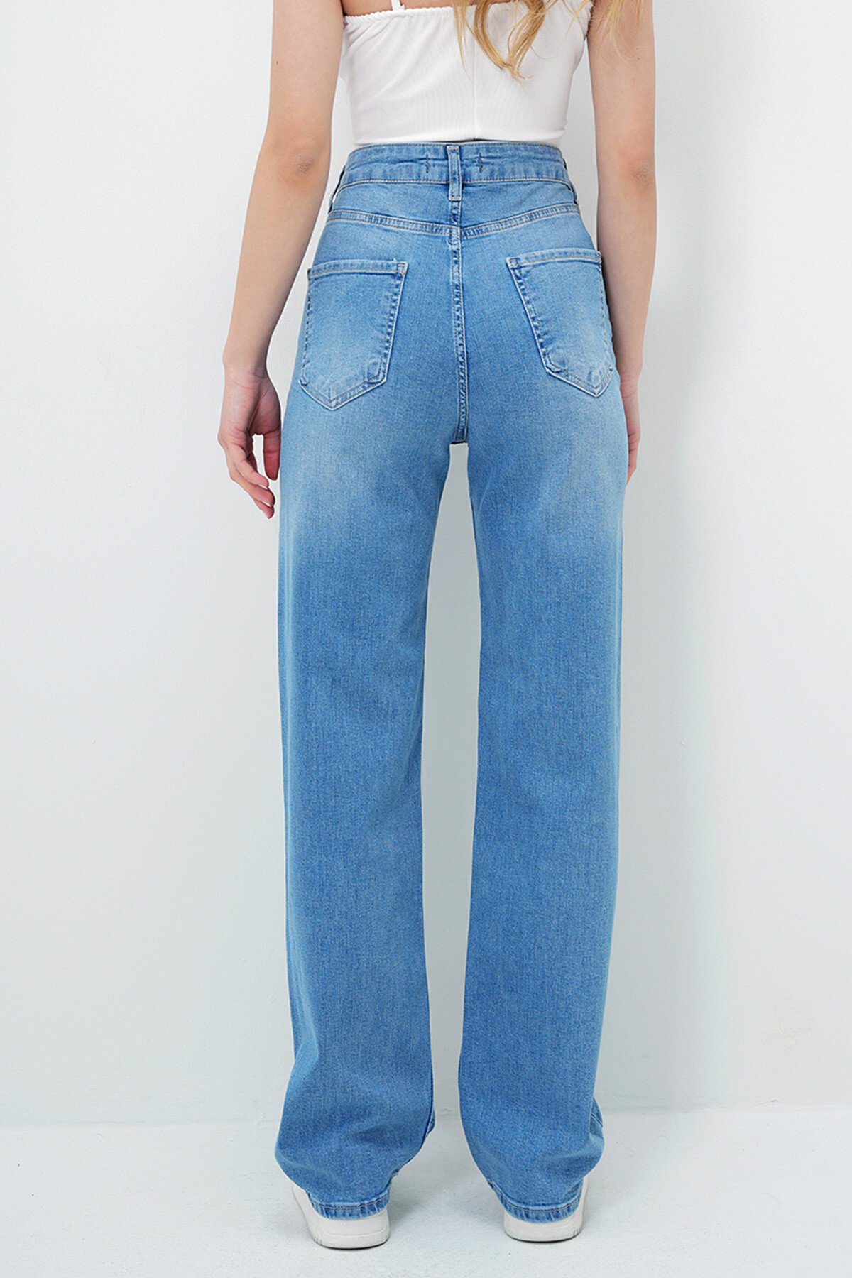 Açık Mavi Yüksek Bel Likralı Yıkamalı Palazzo Jean Pantolon