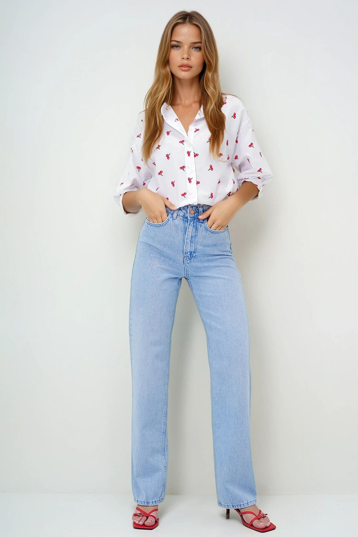 Açık Mavi Yüksek Bel Palazzo Jean Pantolon