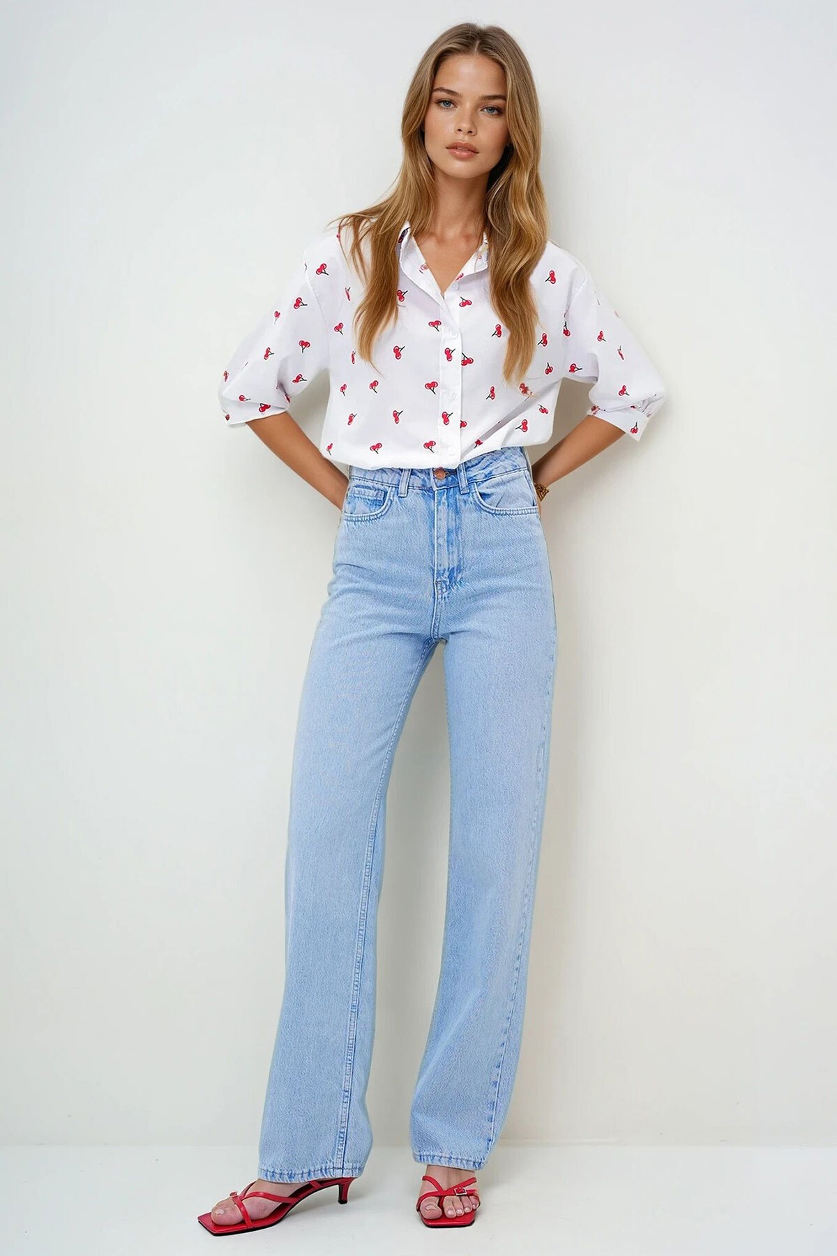 Açık Mavi Yüksek Bel Palazzo Jean Pantolon