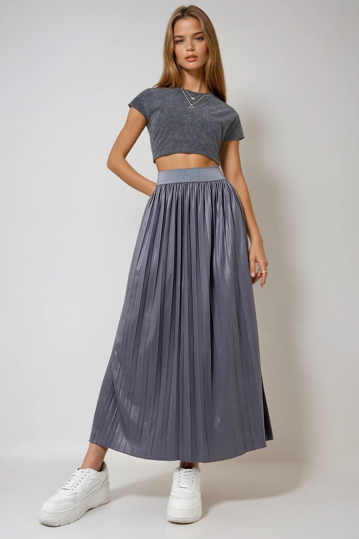 Antrasit Beli Lastikli Geniş Pliseli Mevsimlik Uzun Etek