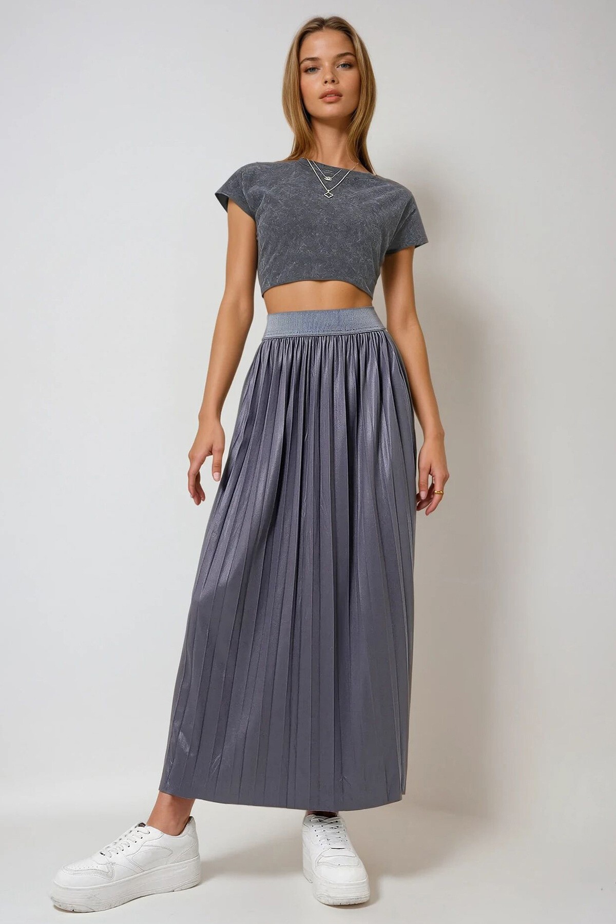 Antrasit Beli Lastikli Geniş Pliseli Mevsimlik Uzun Etek