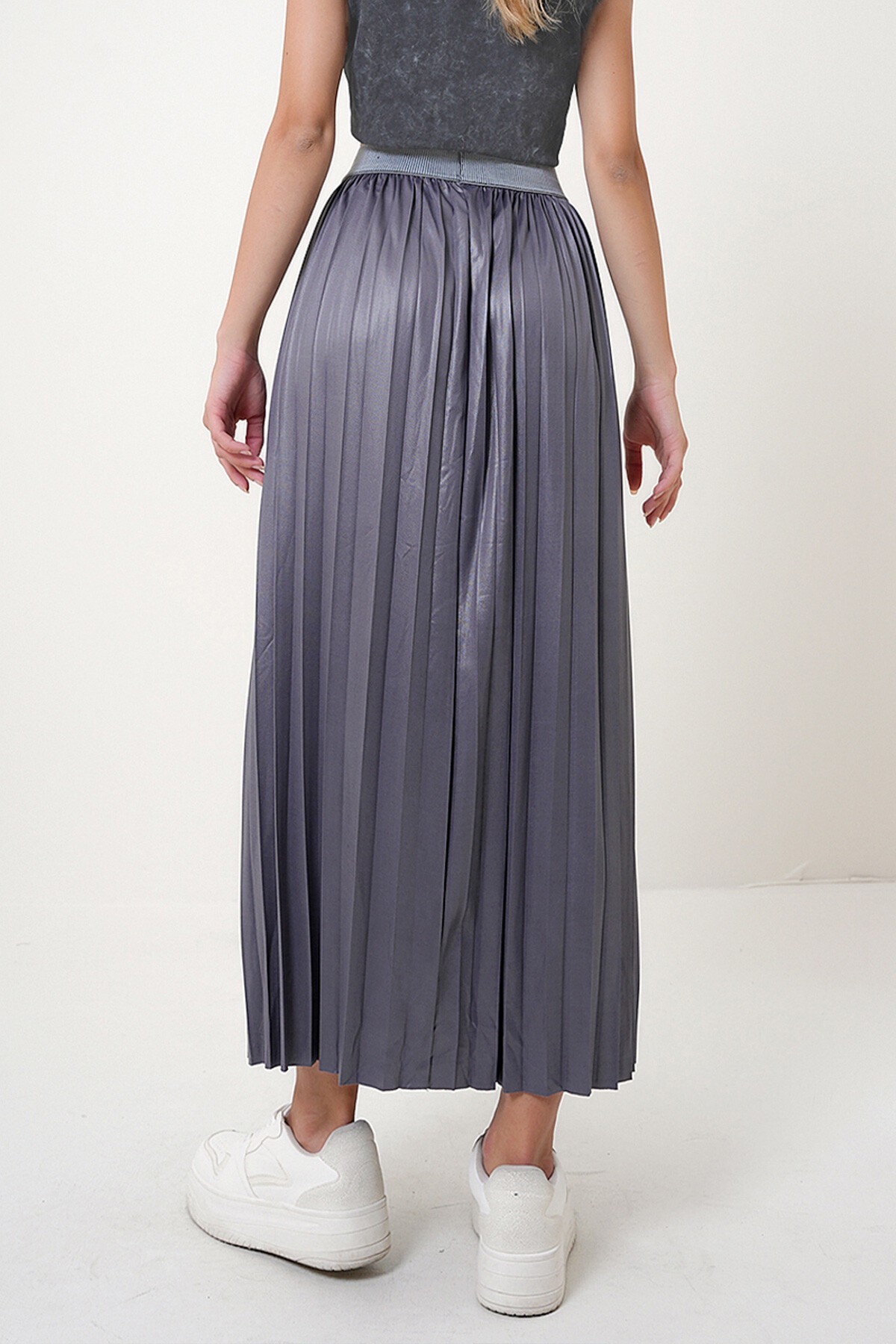 Antrasit Beli Lastikli Geniş Pliseli Mevsimlik Uzun Etek