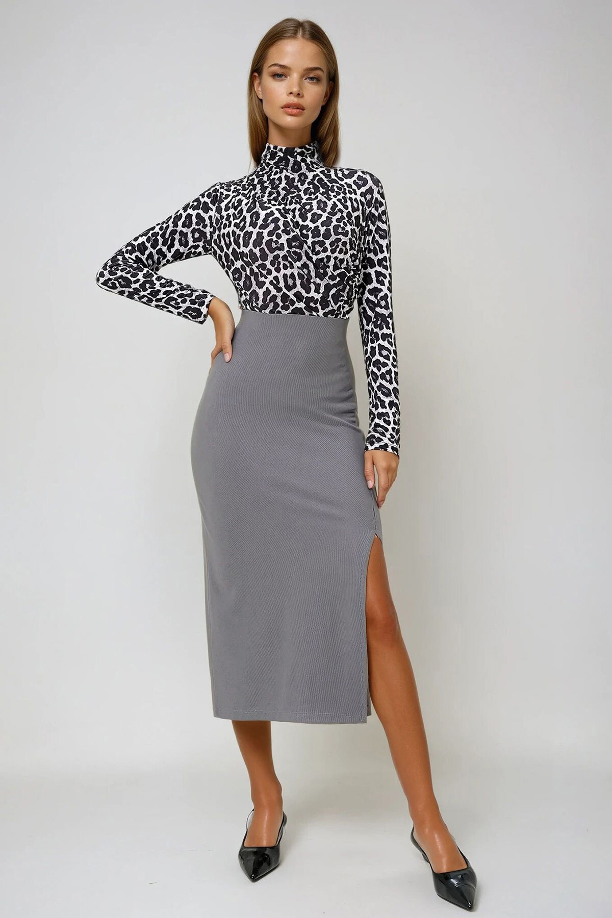 Antrasit Beli Lastikli Yırtmaç Detaylı Ottoban Kumaş Midi Boy Etek