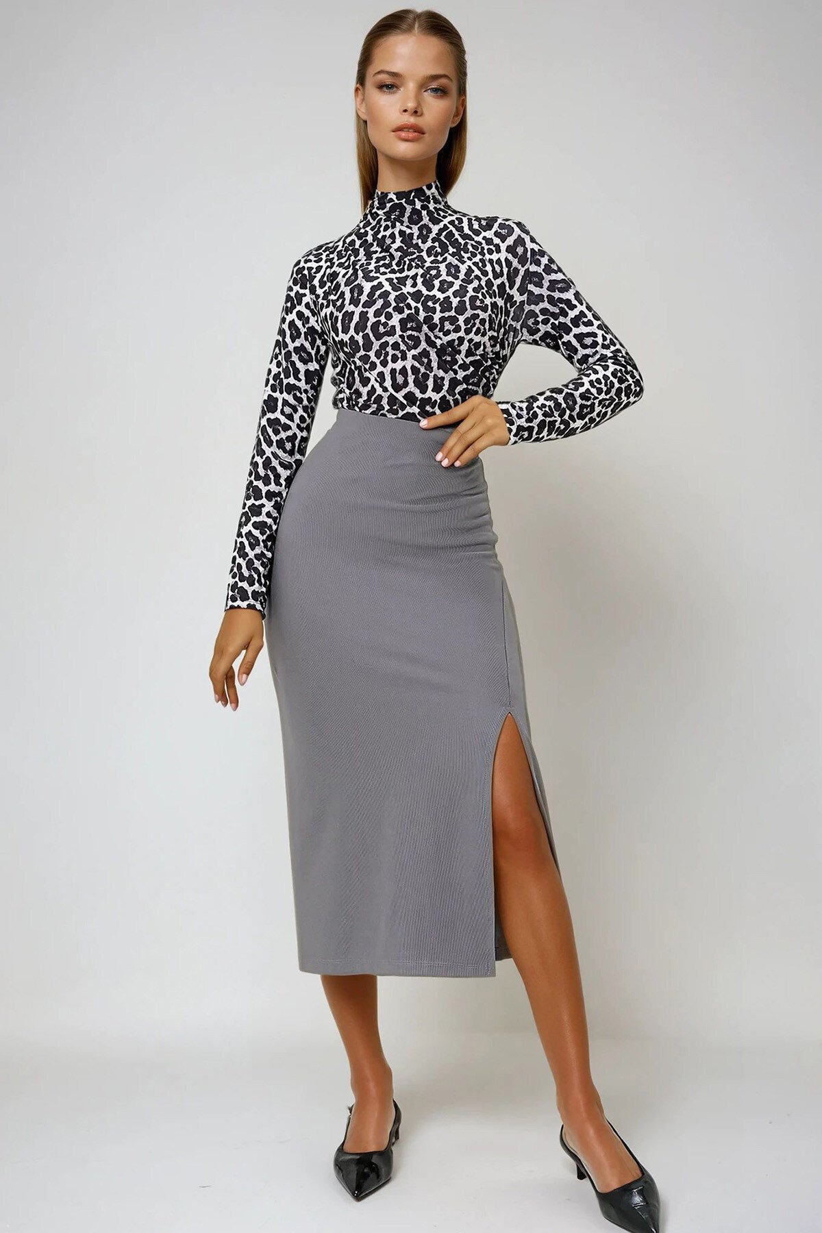 Antrasit Beli Lastikli Yırtmaç Detaylı Ottoban Kumaş Midi Boy Etek