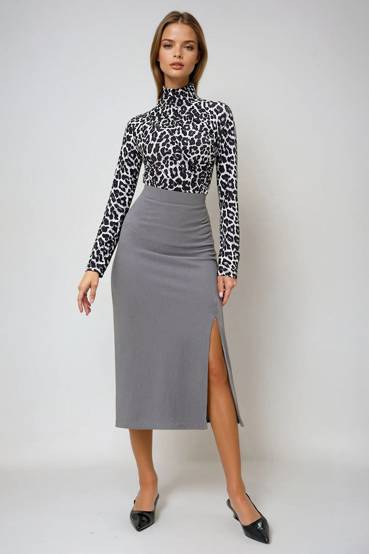 Antrasit Beli Lastikli Yırtmaç Detaylı Ottoban Kumaş Midi Boy Etek