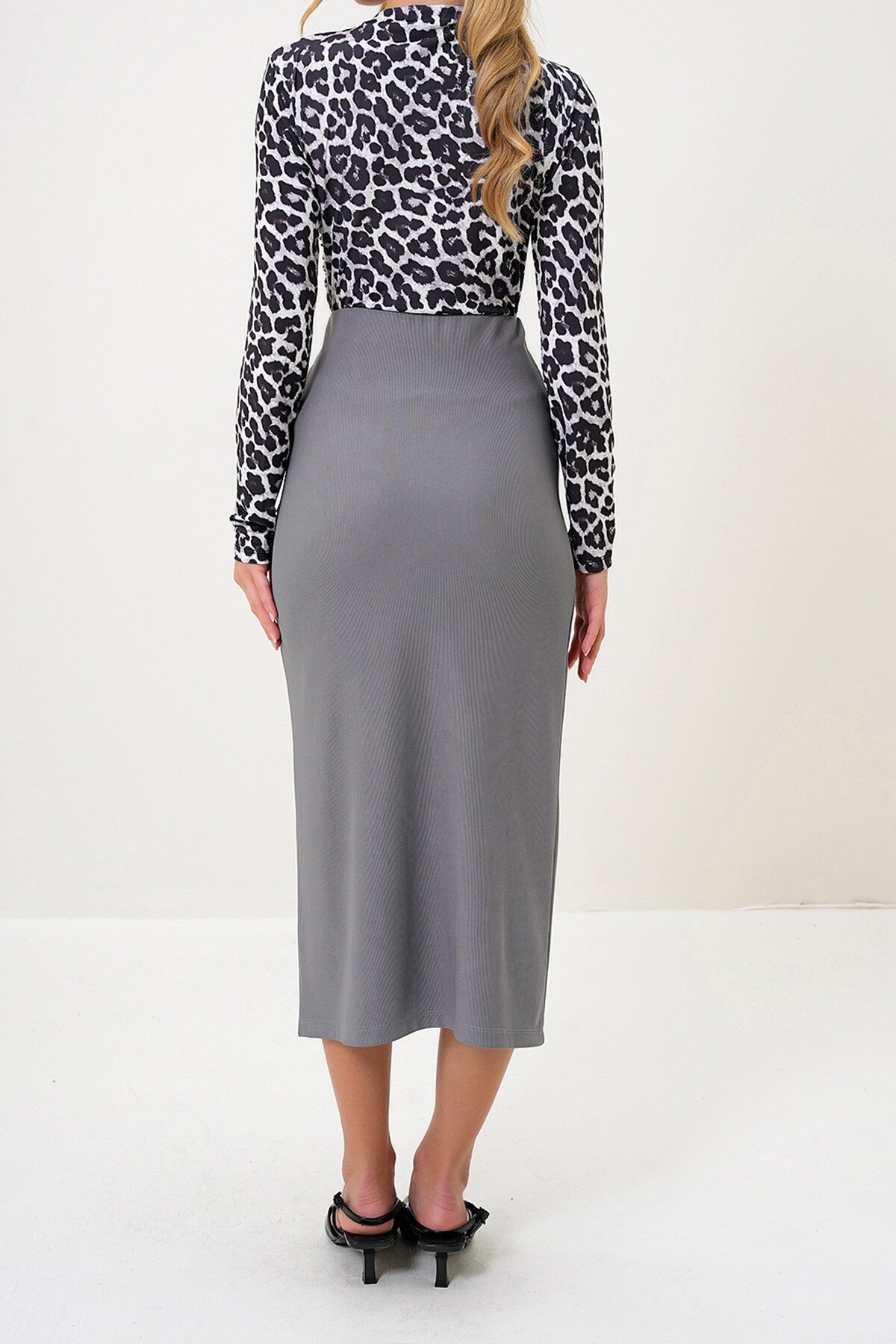 Antrasit Beli Lastikli Yırtmaç Detaylı Ottoban Kumaş Midi Boy Etek