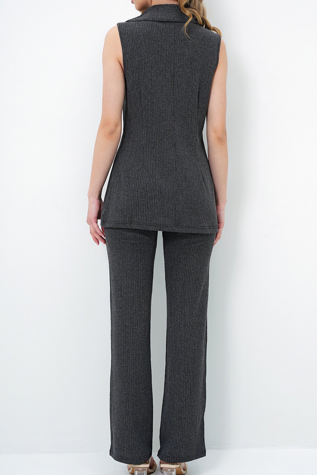 Antrasit Ceket Yaka Metal Düğmeli Gofre Kumaş Yelek Ve Palazzo Pantolon Takım