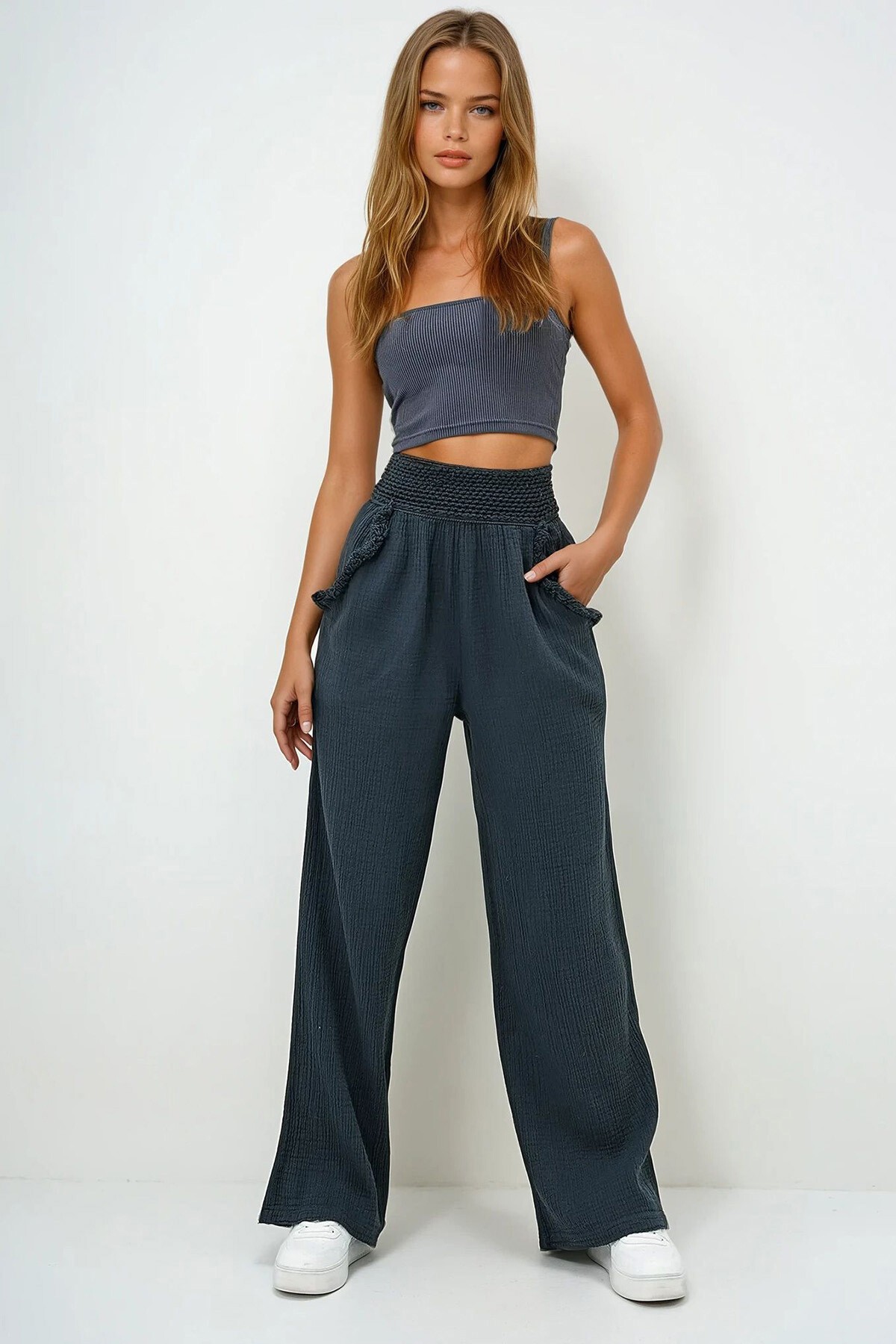 Antrasit Çift Cepli Beli Örgü Detaylı Müslin Kumaş Pantolon