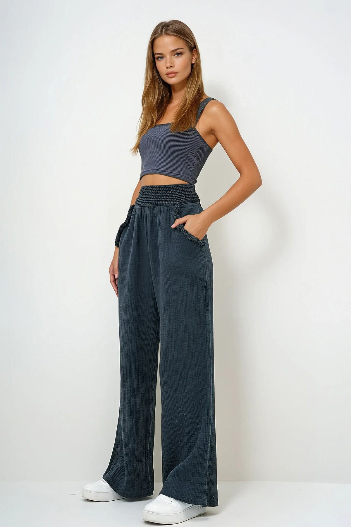 Antrasit Çift Cepli Beli Örgü Detaylı Müslin Kumaş Pantolon