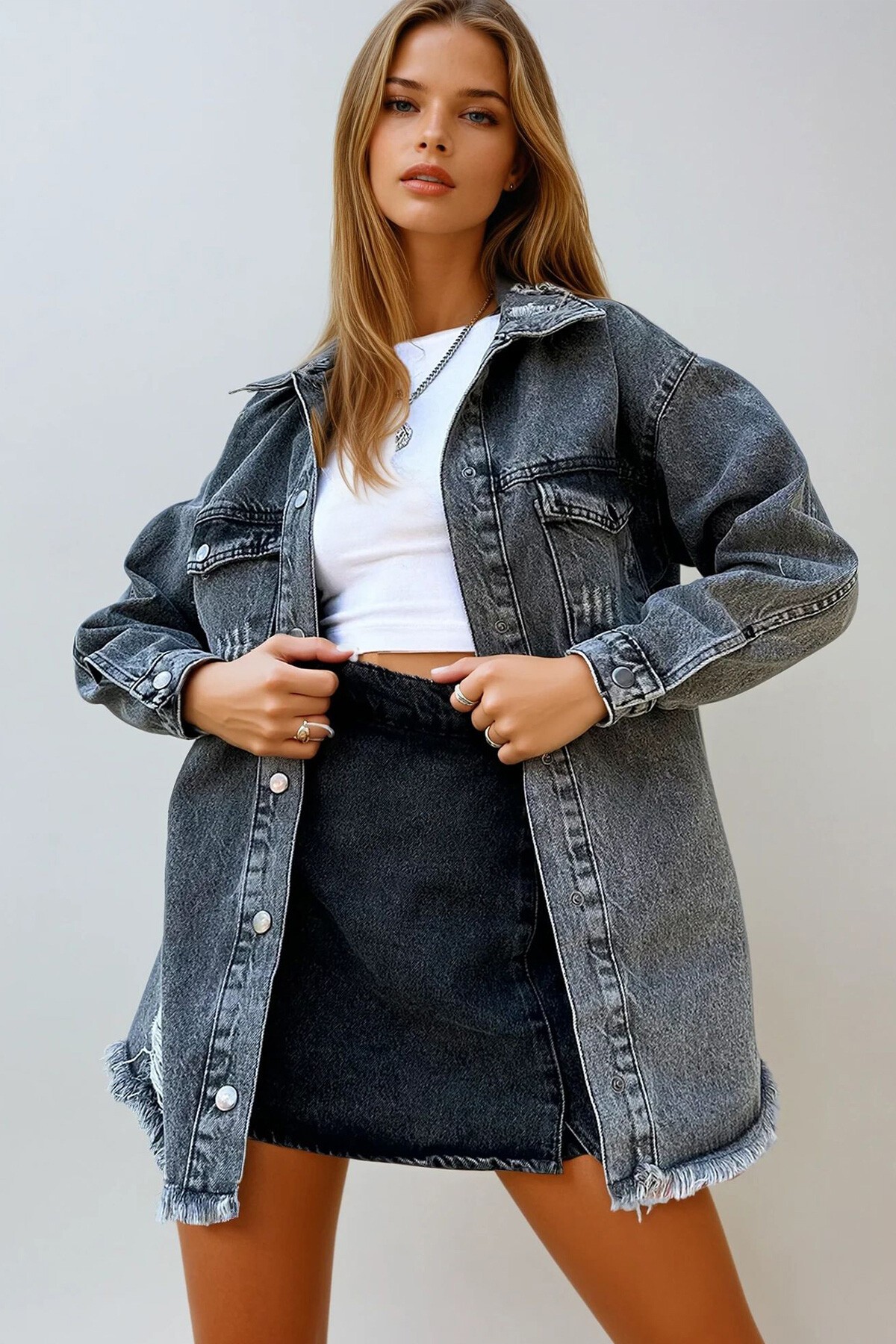 Antrasit Çift Cepli Eskitmeli Oversize Jean Ceket