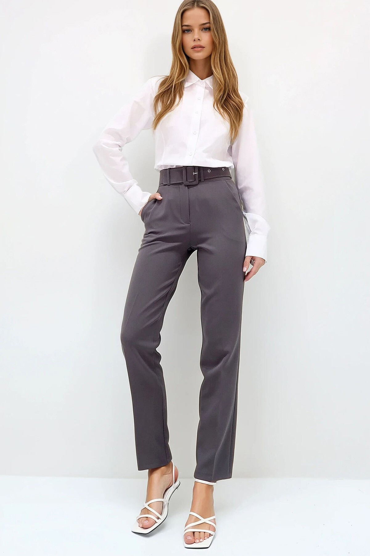 Antrasit Çift Cepli Piliseli Beli Kemerli Straight Fit Pantolon