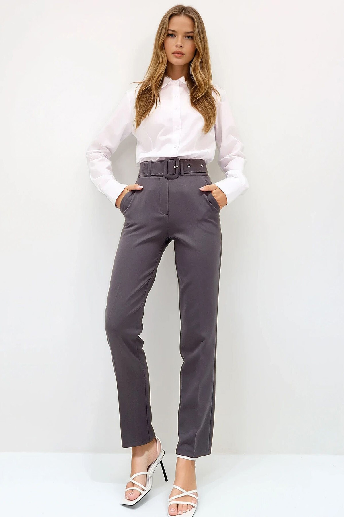 Antrasit Çift Cepli Piliseli Beli Kemerli Straight Fit Pantolon