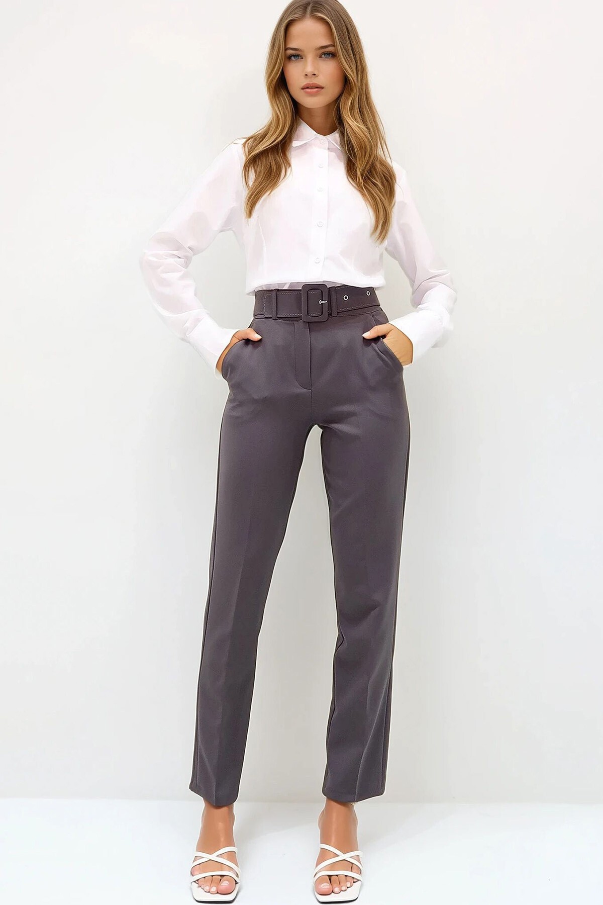 Antrasit Çift Cepli Piliseli Beli Kemerli Straight Fit Pantolon