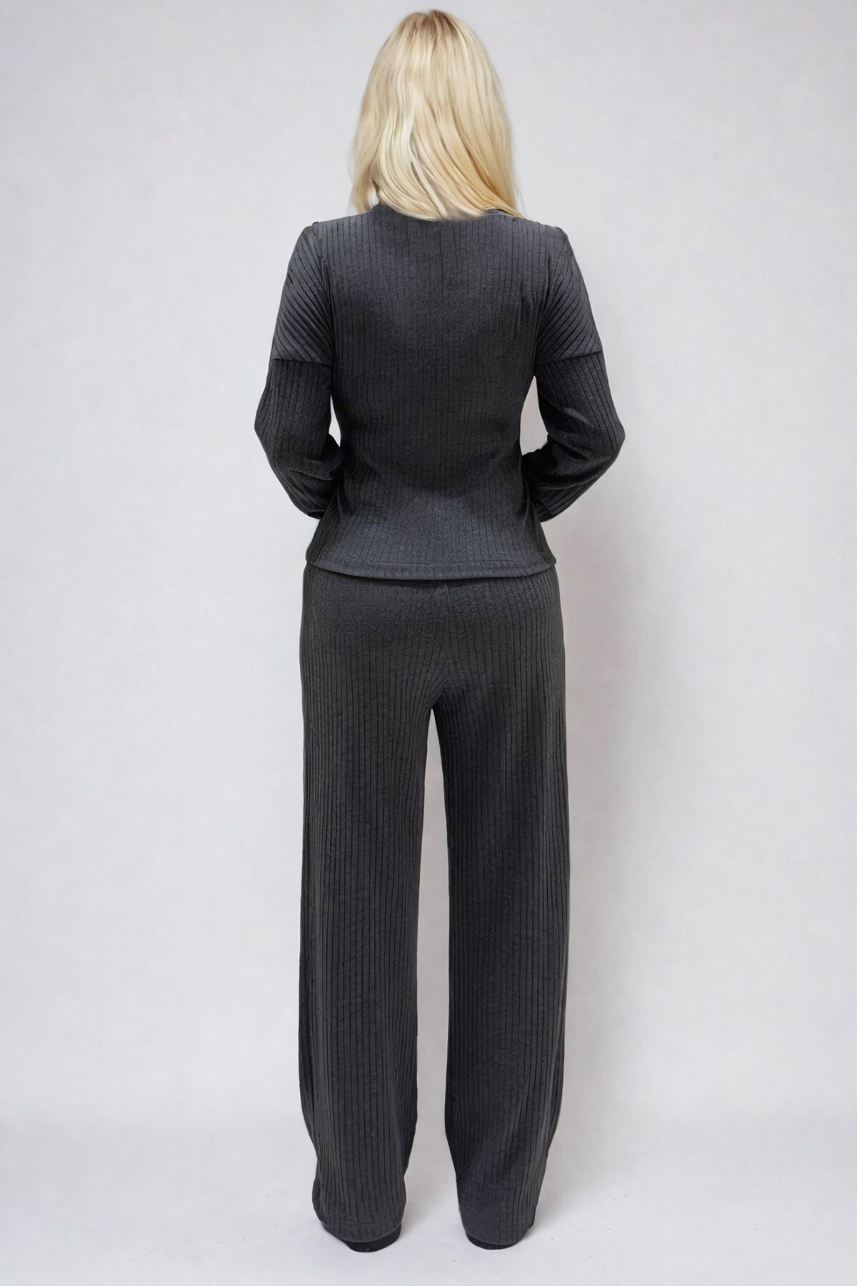Antrasit Dik Yaka Önü Çift Yön Fermuarlı Bluz Ve Palazzo Pantolon Takım