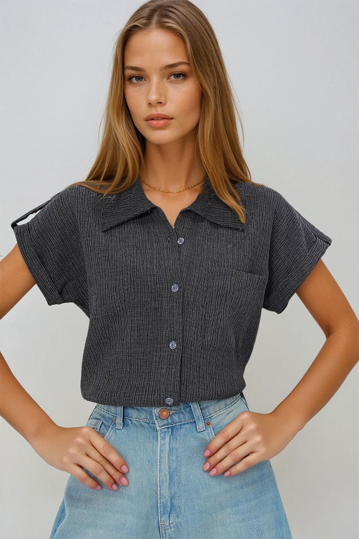 Antrasit Manşetli Duble Kısa Kollu Dokulu Gömlek