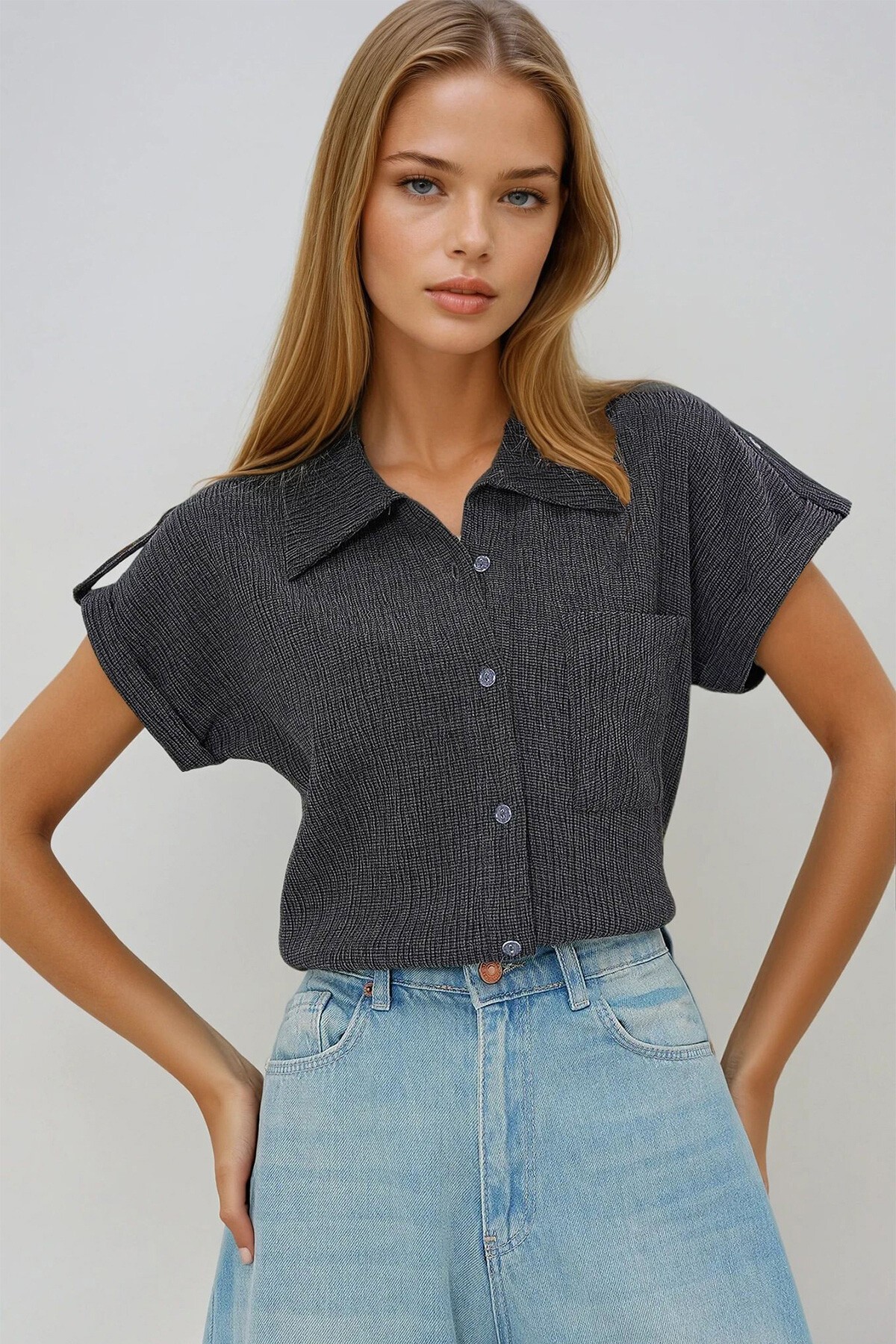 Antrasit Manşetli Duble Kısa Kollu Dokulu Gömlek