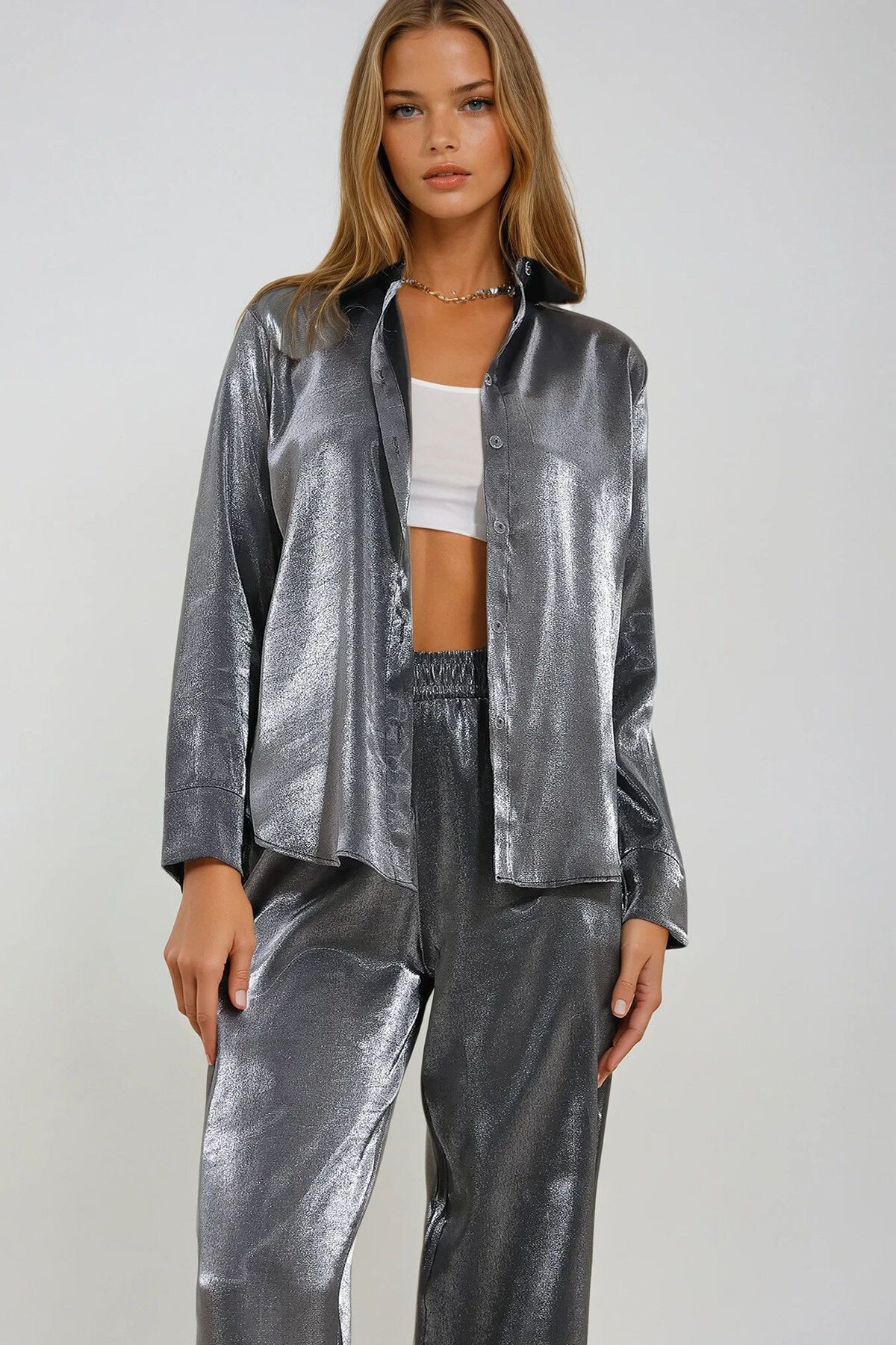 Antrasit Parlak Dokuma Oversize Gömlek