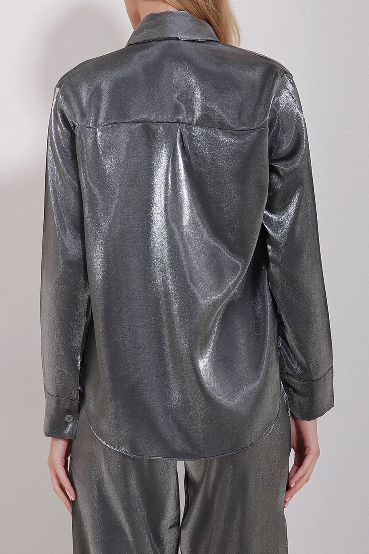 Antrasit Parlak Dokuma Oversize Gömlek