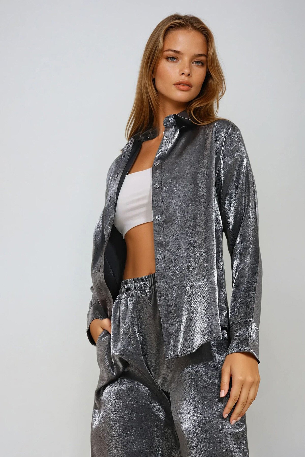 Antrasit Parlak Dokuma Oversize Gömlek
