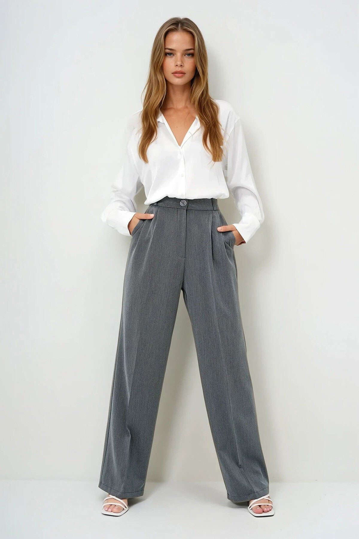 Antrasit Pileli Çift Cepli Palazzo Pantolon