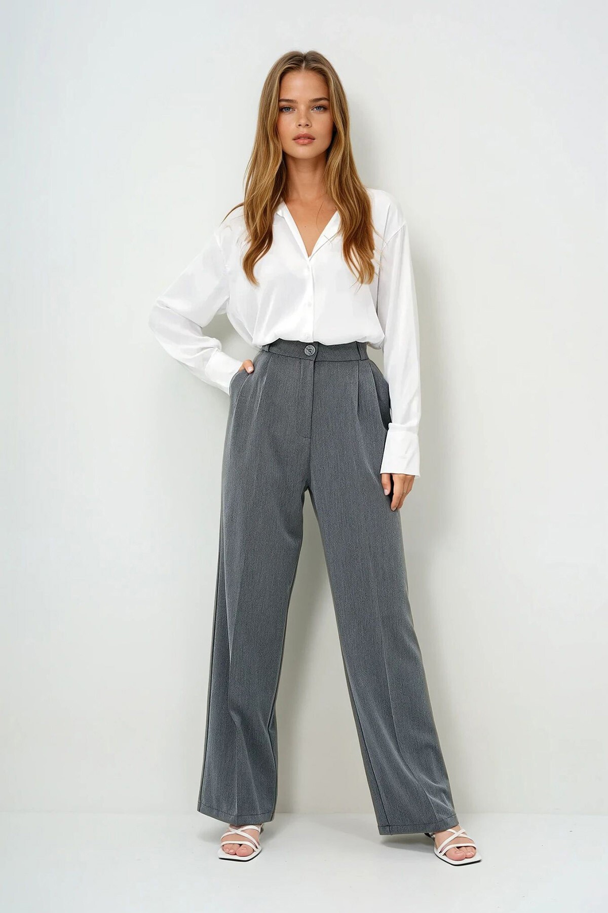 Antrasit Pileli Çift Cepli Palazzo Pantolon