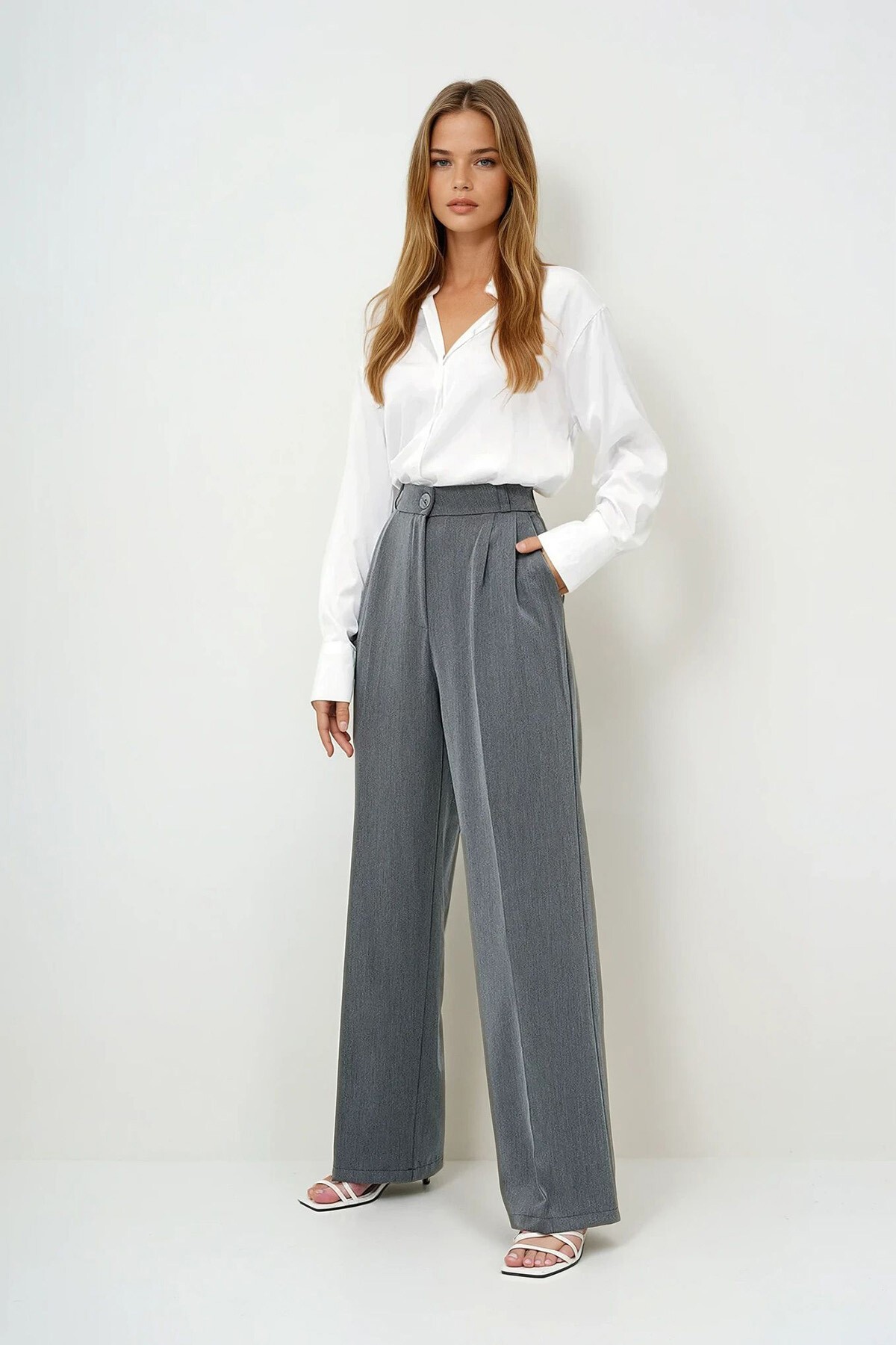 Antrasit Pileli Çift Cepli Palazzo Pantolon