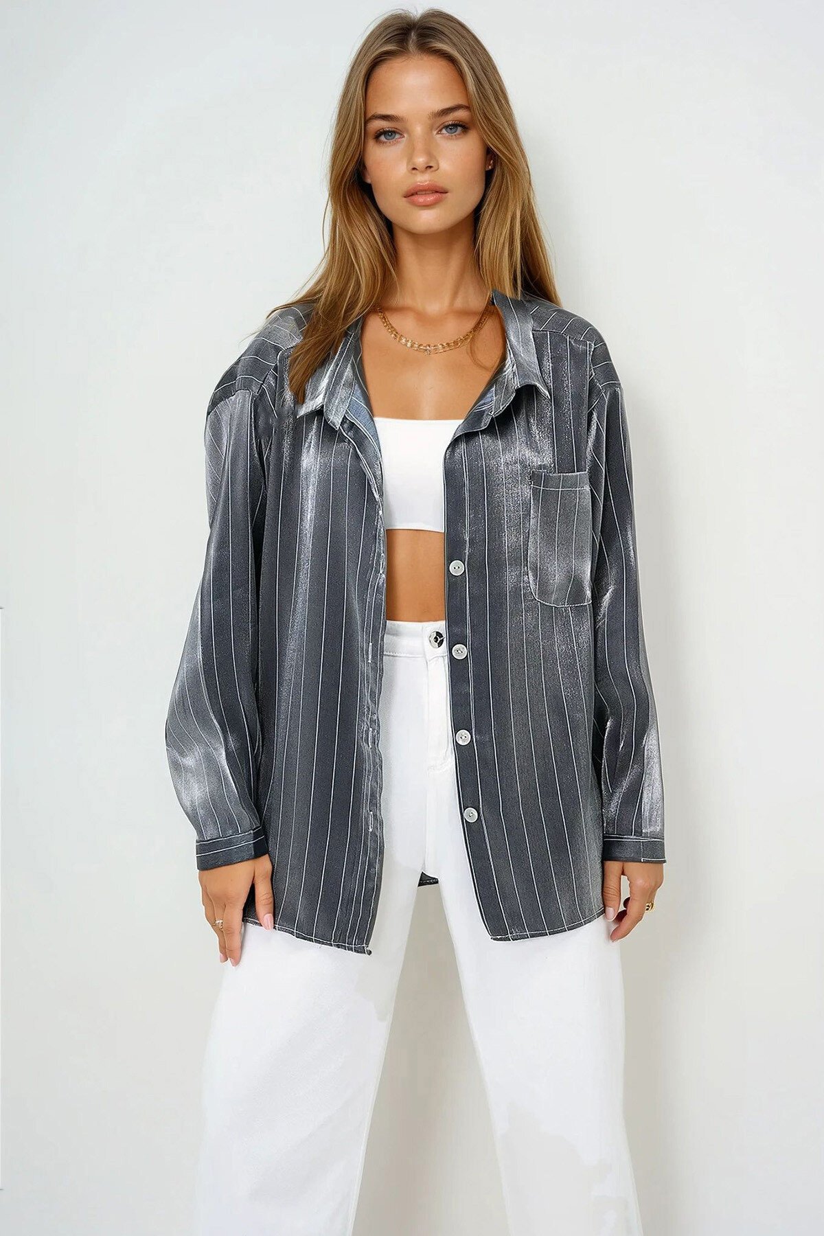 Antrasit Tek Cepli Oversize Saten Gömlek