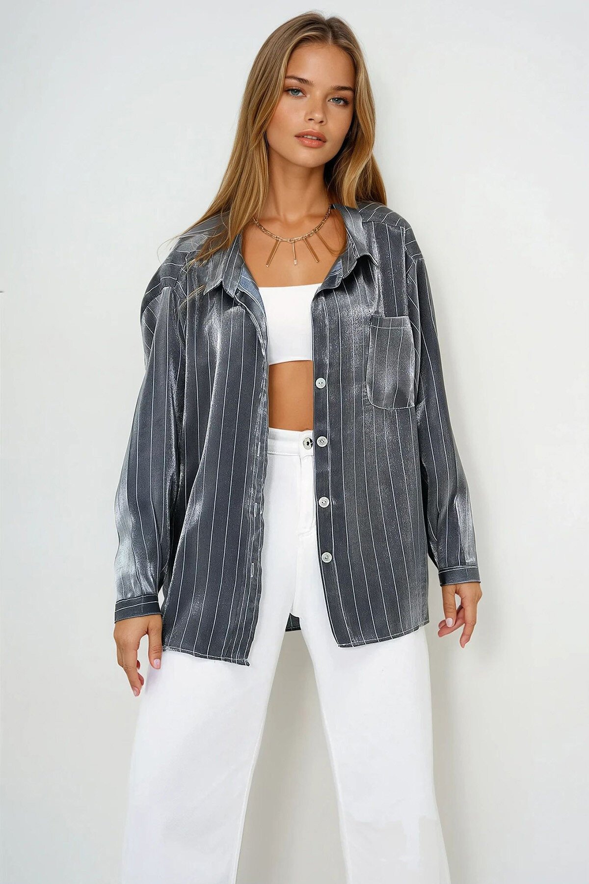 Antrasit Tek Cepli Oversize Saten Gömlek