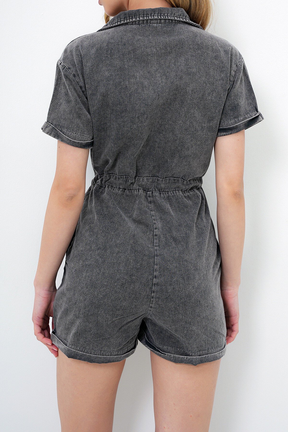 Antrasit V Yaka Belden Bağlamalı Çift Cepli Gabardin Tulum