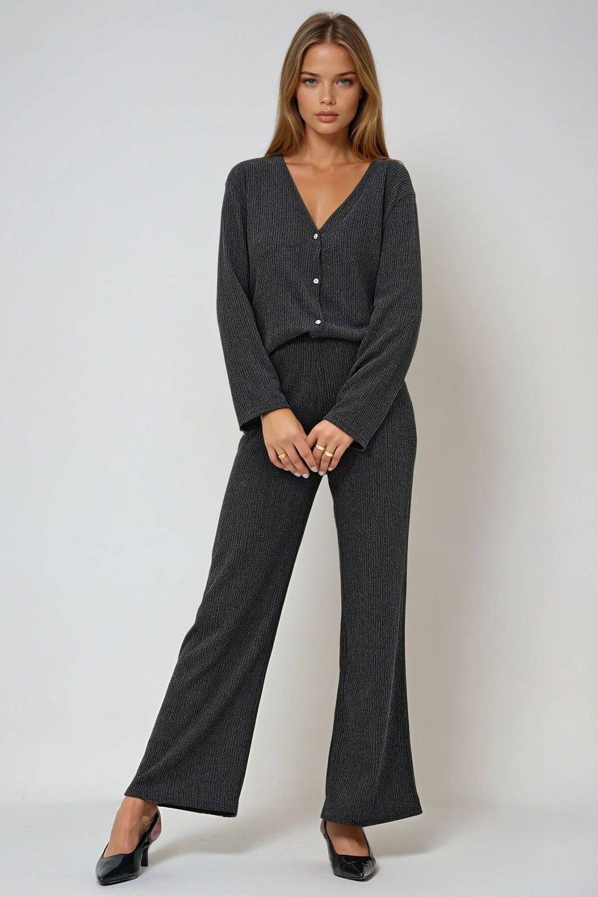 Antrasit V Yaka Taş Düğmeli Örme Krep Bluz Ve Pantolon Alt Üst Takım