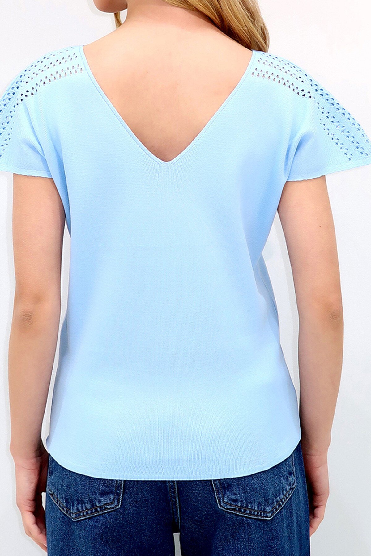 Bebe Mavi Ön Arka V Yaka Omuzu Ajurlu Triko Bluz