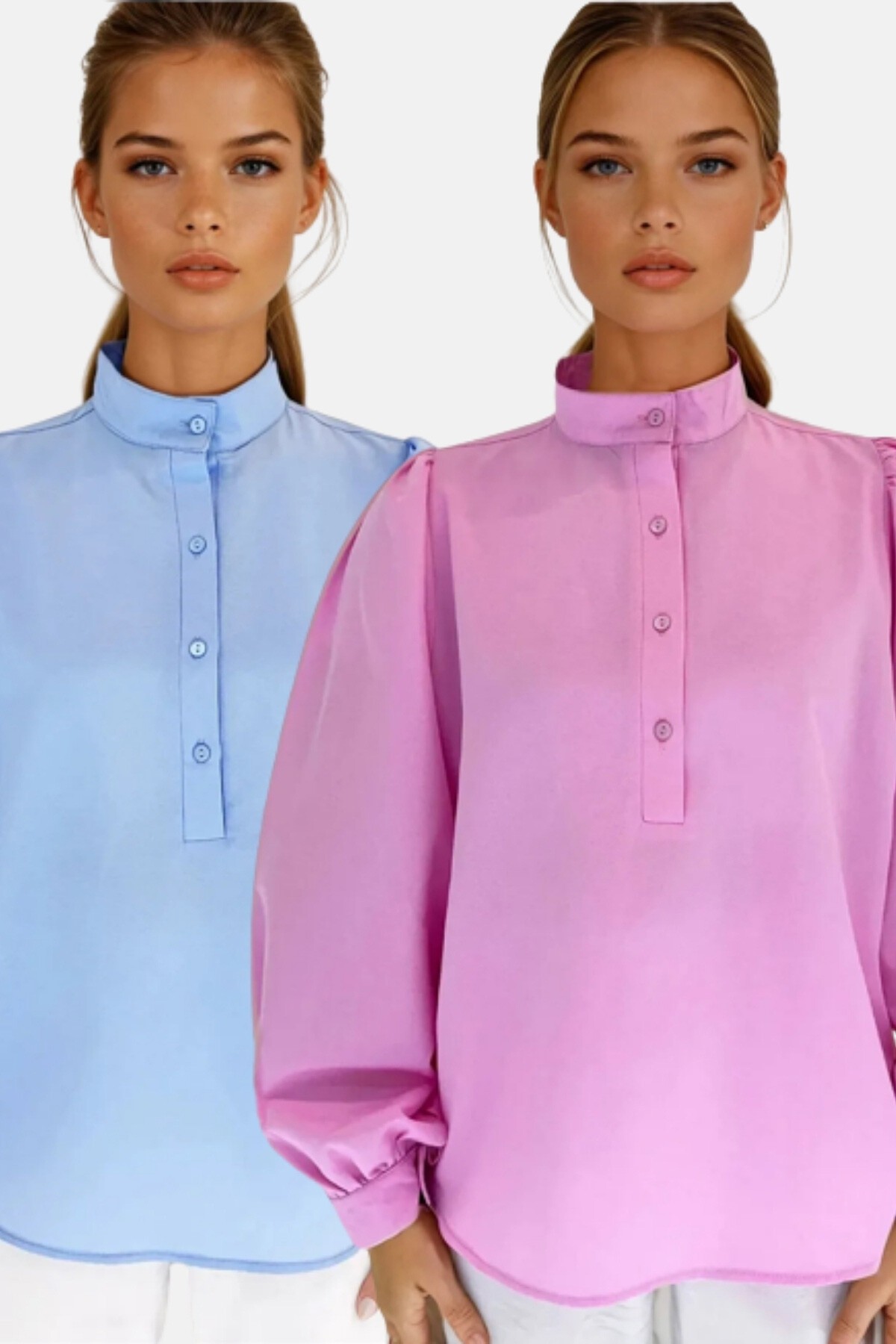 Bebemavi Pembe Hakim Yaka Yarım Pat Balon Kol Poplin Dokuma 2Lİ Set Gömlek Takım