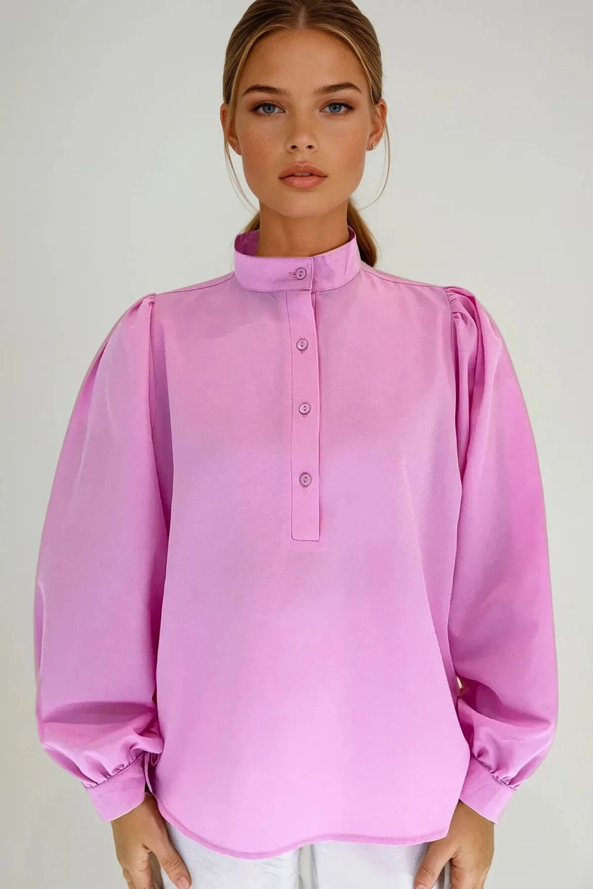 Bebemavi Pembe Hakim Yaka Yarım Pat Balon Kol Poplin Dokuma 2Lİ Set Gömlek Takım