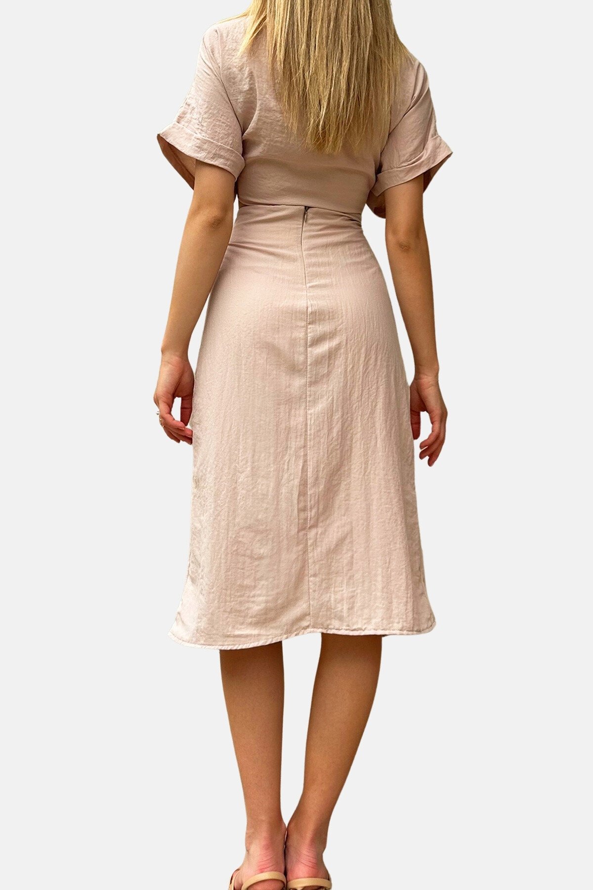 Bej Bağlamalı Crop Aerobin Keten Bluz Ve Anvelop Etek Takım