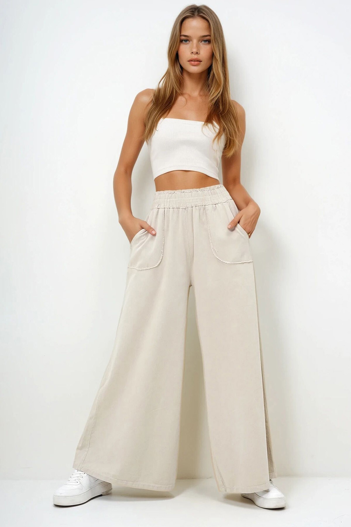 Bej Beli Gipeli Çift Cepli Bol Paça Gabardin Pantolon