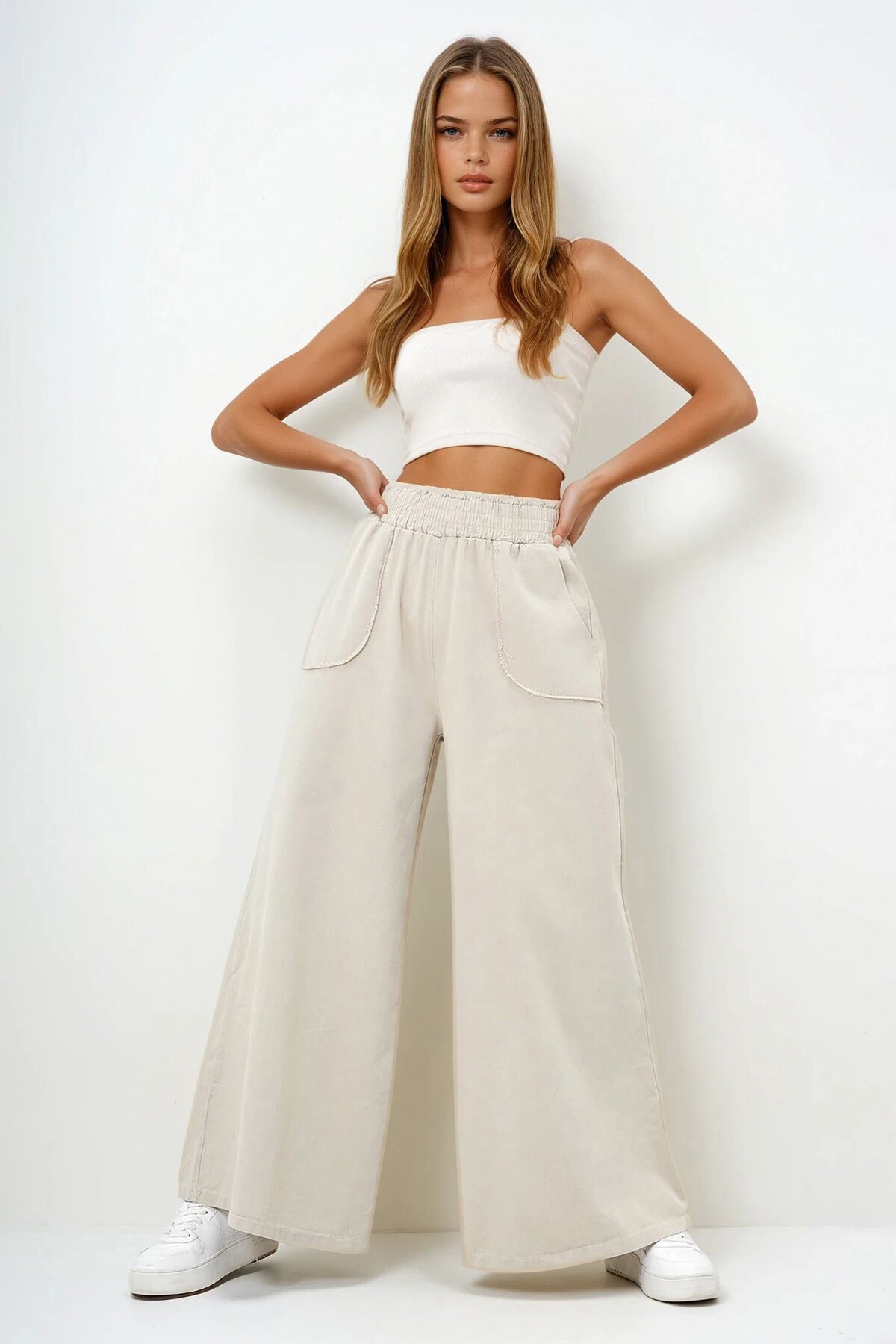 Bej Beli Gipeli Çift Cepli Bol Paça Gabardin Pantolon