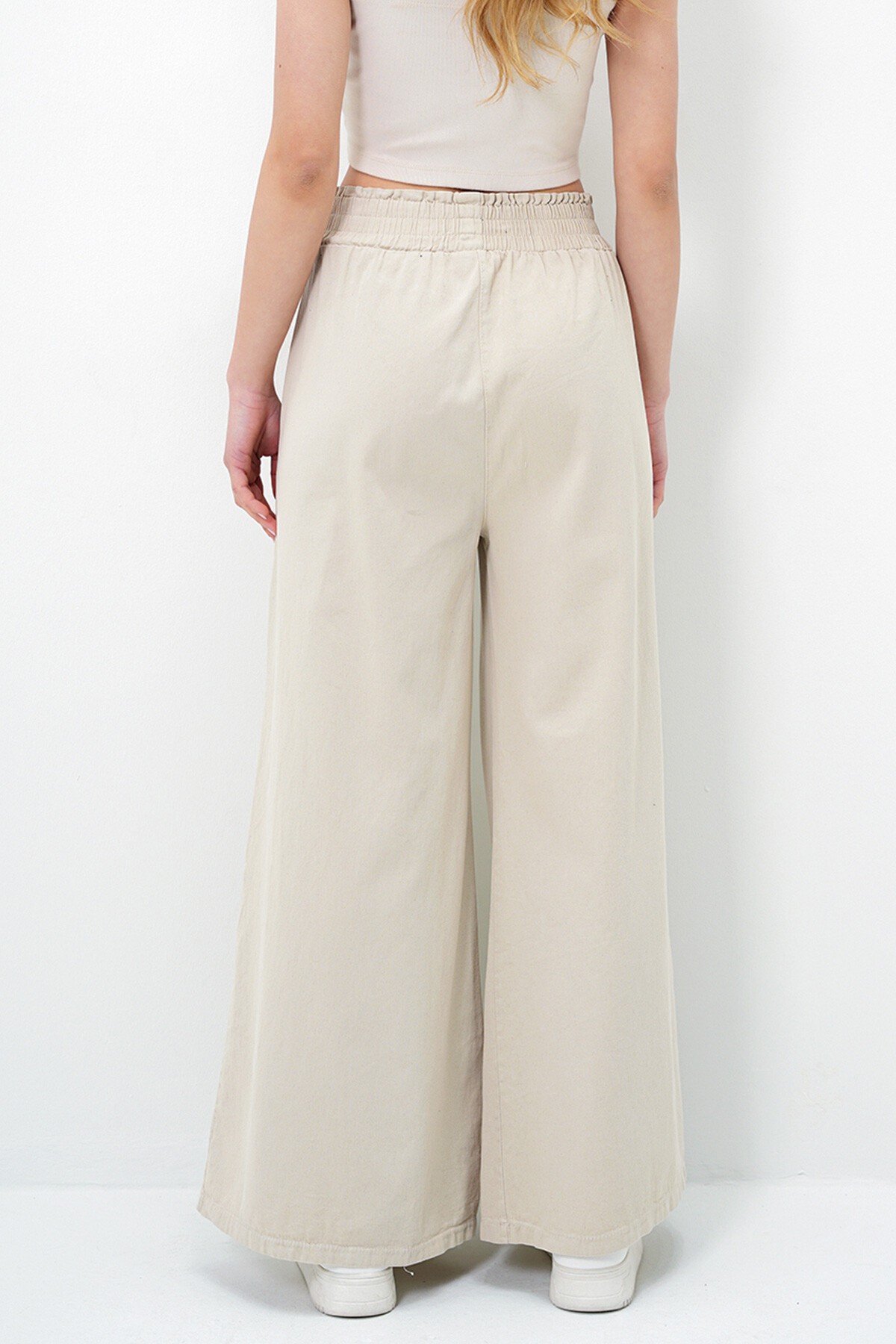 Bej Beli Gipeli Çift Cepli Bol Paça Gabardin Pantolon