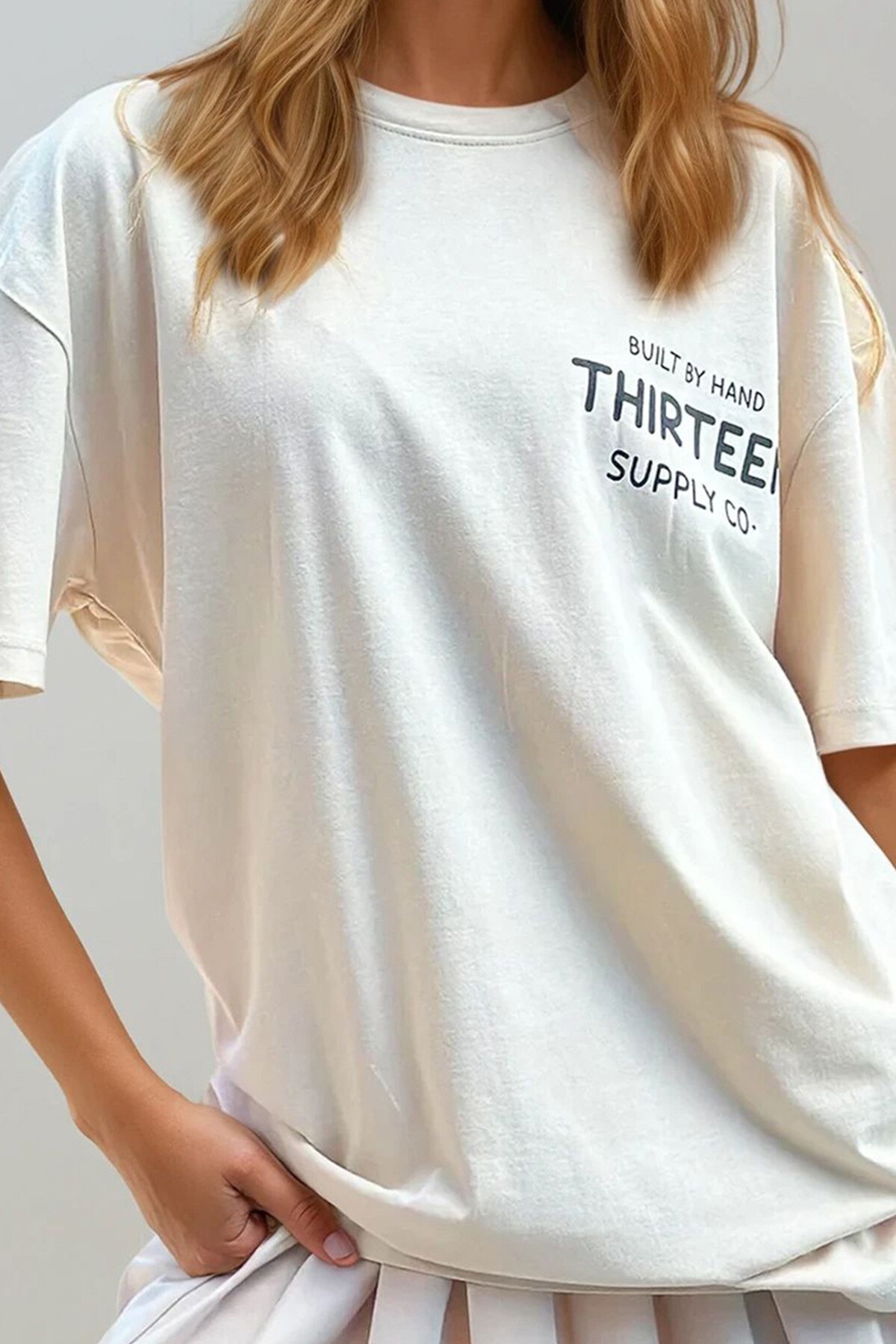 Bej Bisiklet Yaka Ön Arka Sayı Baskılı Oversize Unisez T Shirt