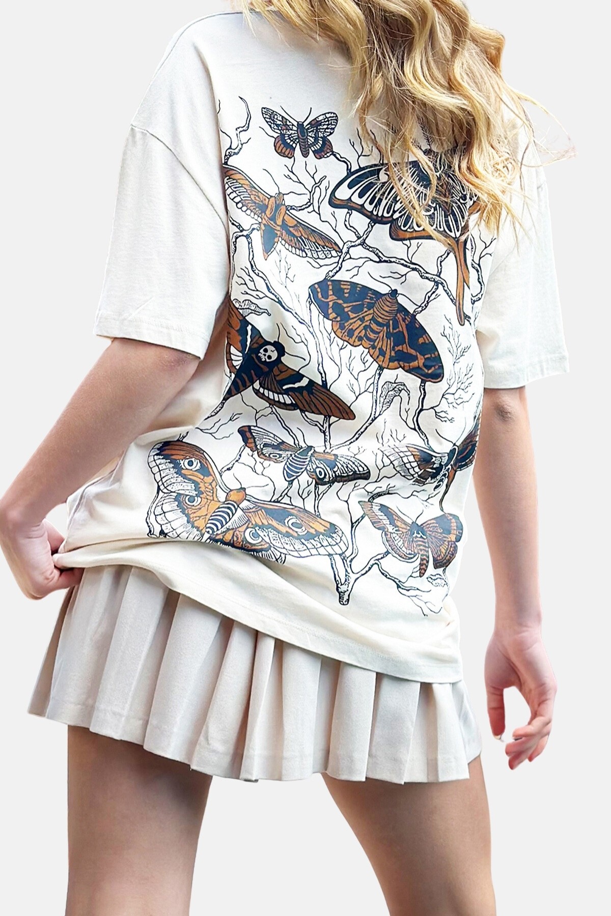 Bej Bisiklet Yaka Ön Arka Sayı Baskılı Oversize Unisez T Shirt