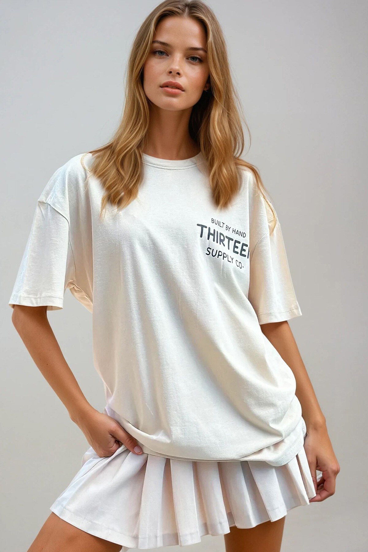 Bej Bisiklet Yaka Ön Arka Sayı Baskılı Oversize Unisez T Shirt