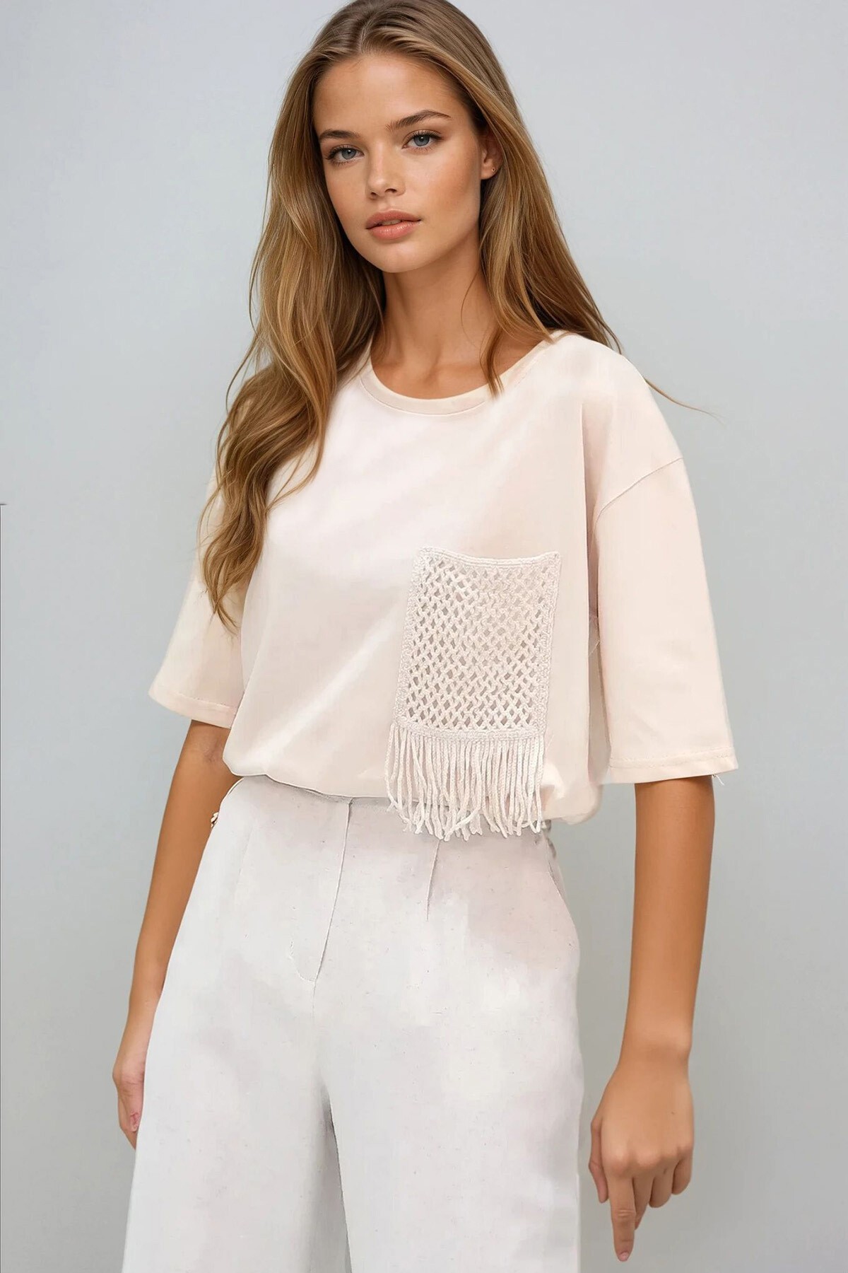 Bej Bisiklet Yaka Örgü Cepli İki İplik T Shirt