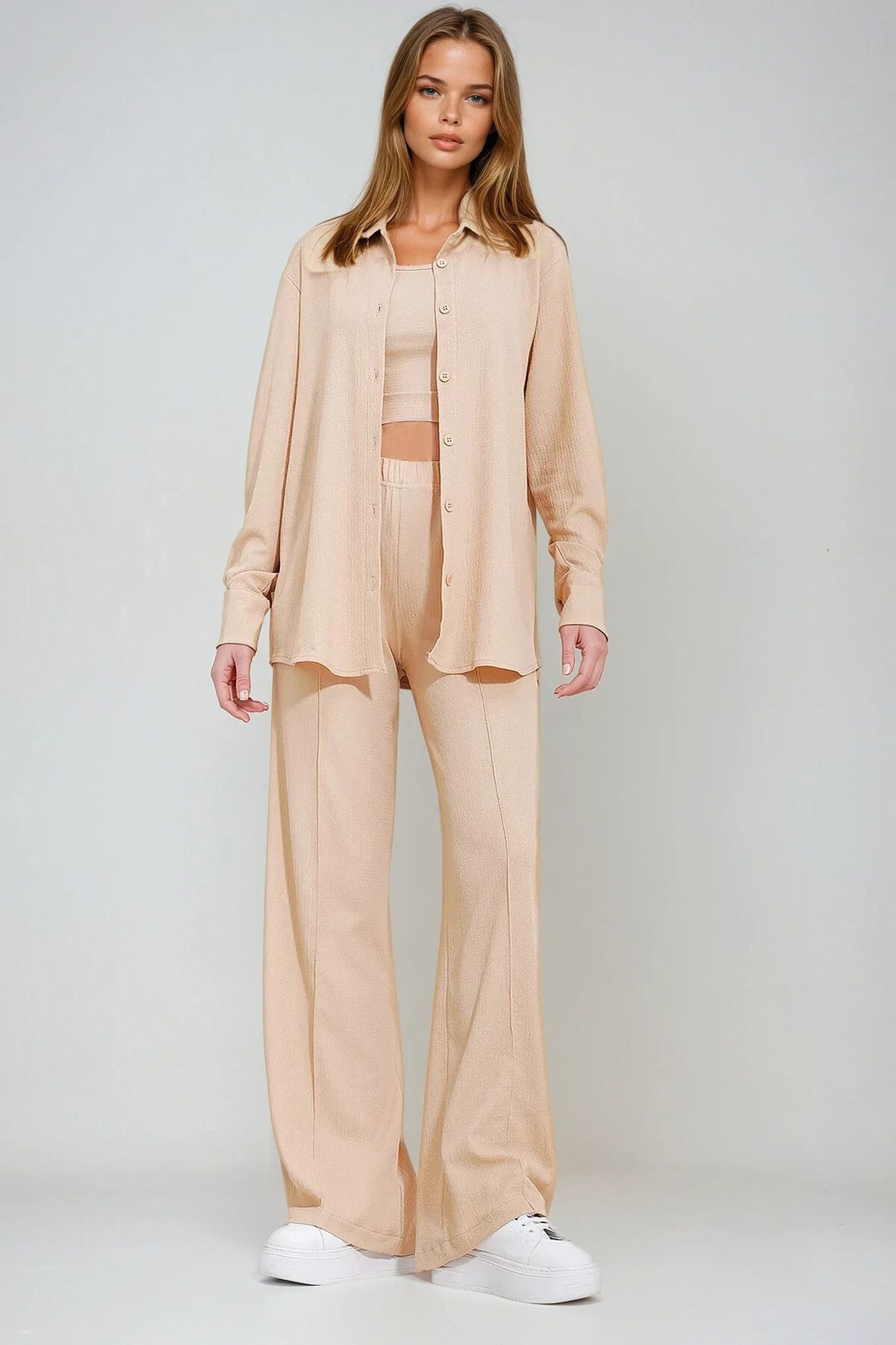 Bej Crop Atlet Gömlek Ve Pantolonlu Takım