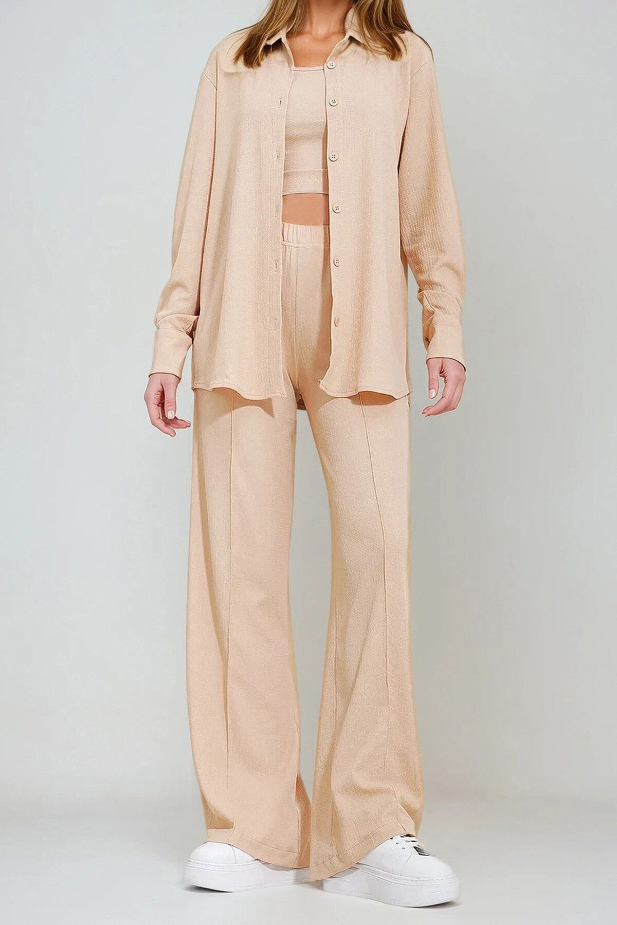 Bej Crop Atlet Gömlek Ve Pantolonlu Takım