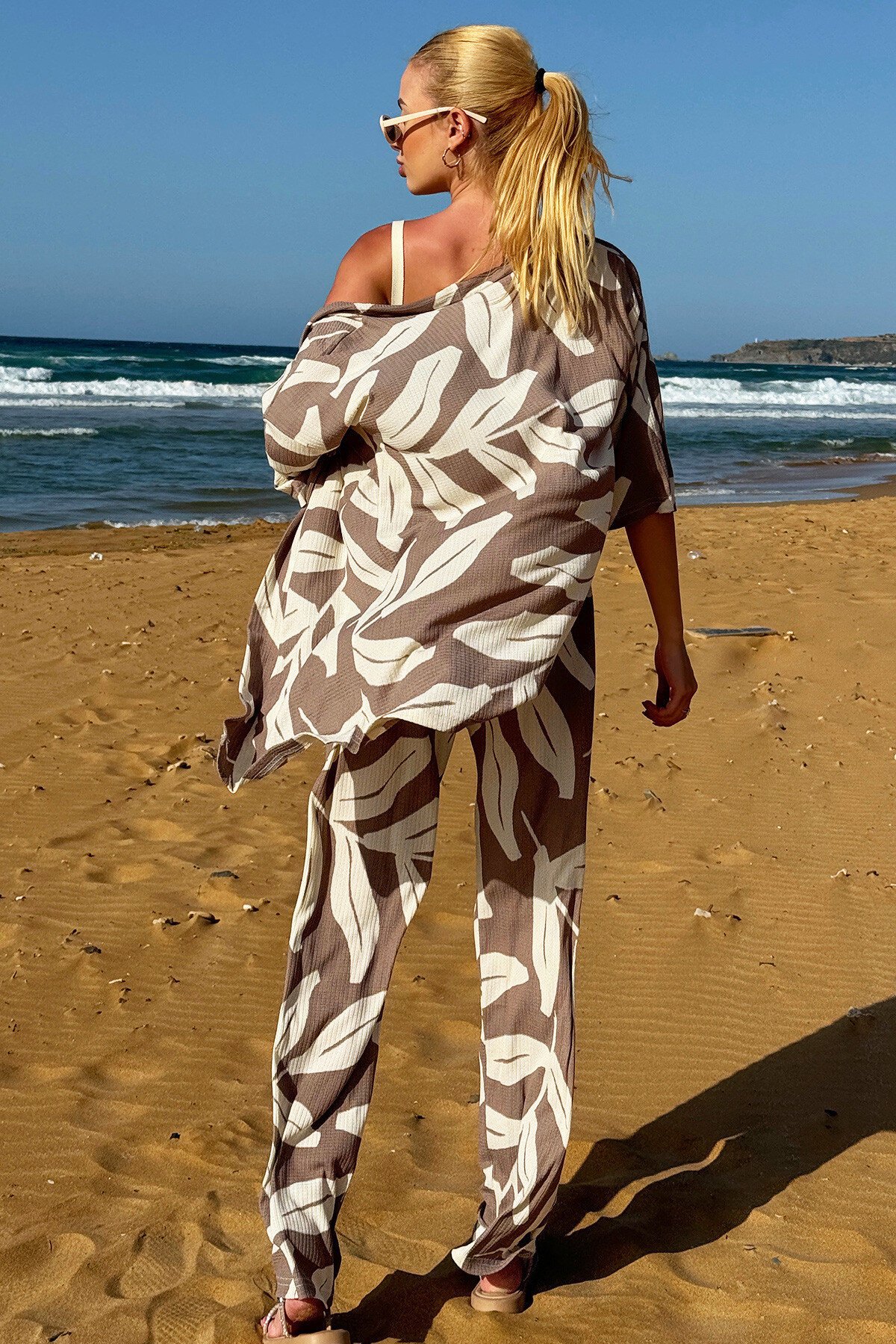 Bej Desenli Kimono Takım