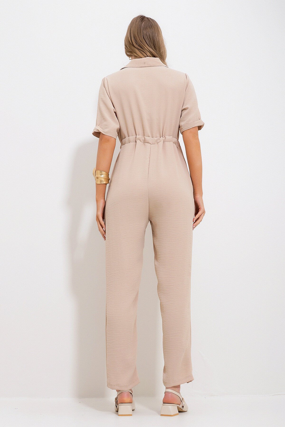 Bej Gömlek Yaka Gizli Çift Cepli Beli Bağlamalı Dokuma Tulum