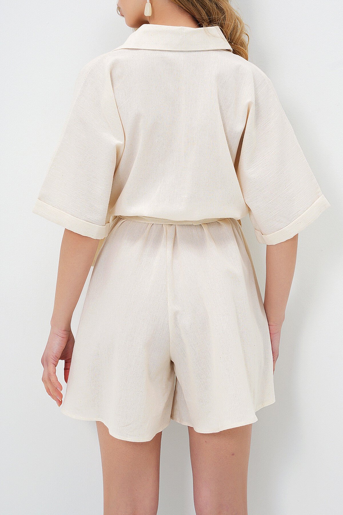 Bej Gömlek Yaka Nakış İşlemeli Keten Tulum