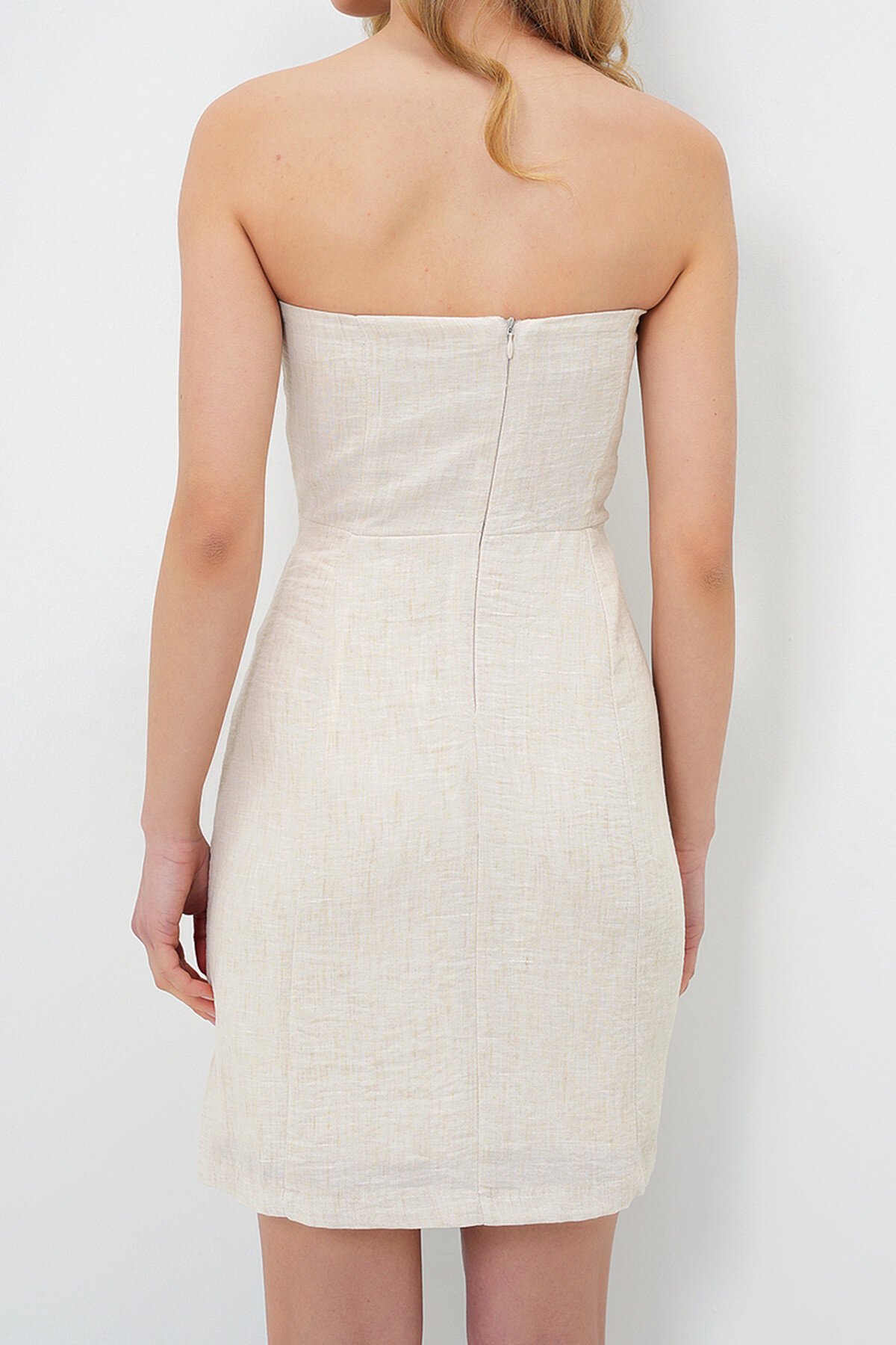 Bej İçi Astarlı Gizli Fermuarlı Straplez Pamuk Keten Elbise