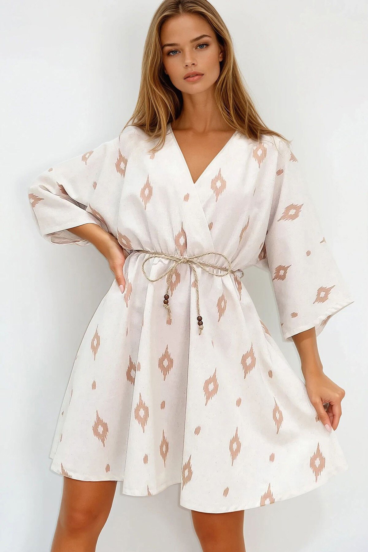 Bej Kruvaze Yaka Yarasa Kol Keten Görünümlü Midi Boy Elbise