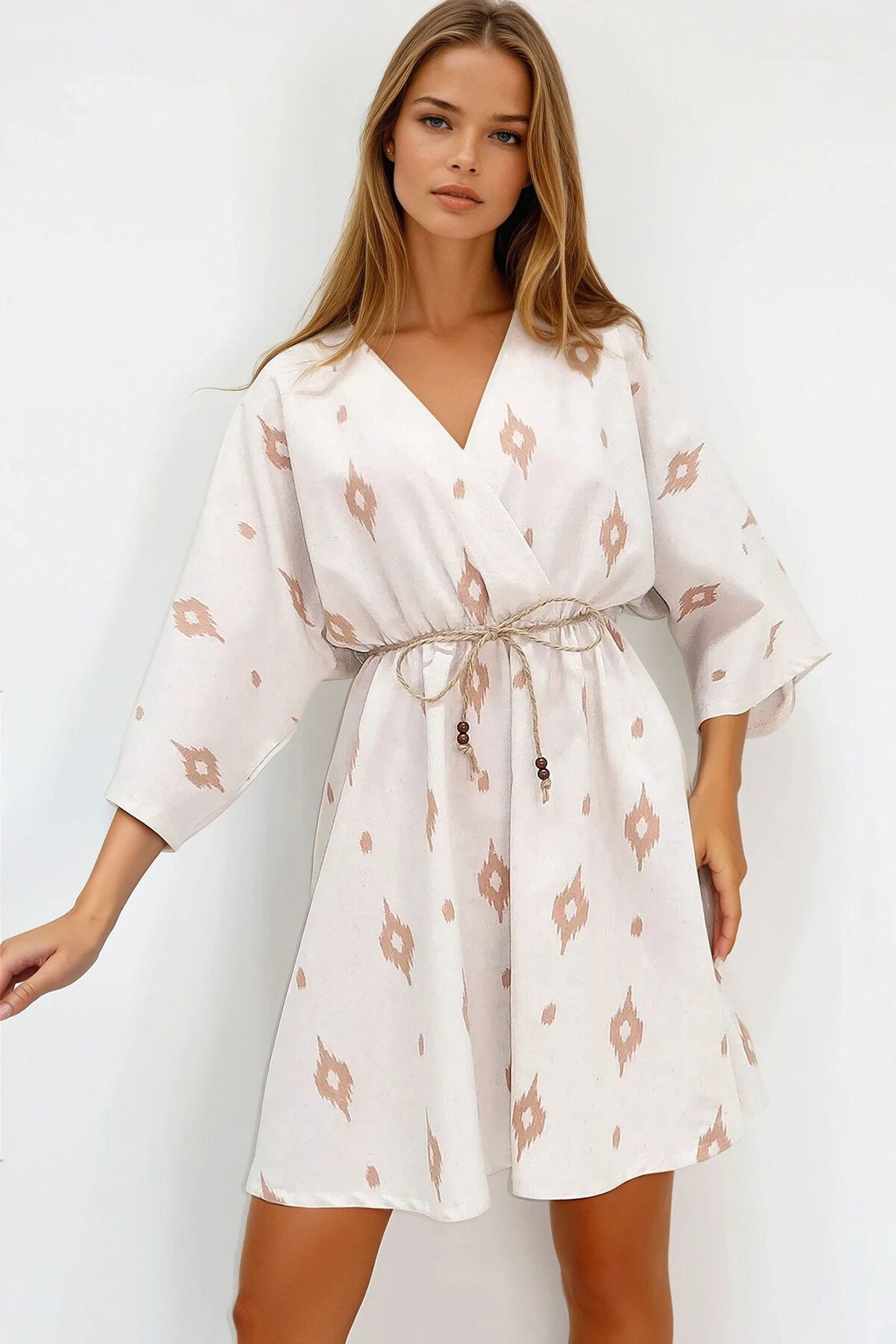 Bej Kruvaze Yaka Yarasa Kol Keten Görünümlü Midi Boy Elbise