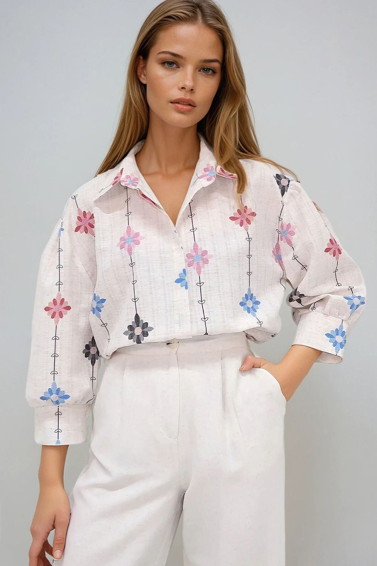 Bej Lila Prenses Çiçek Desenli Flamlı Keten Dokuma Gömlek